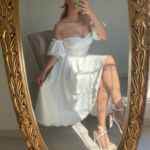 vintage style white crepe fabric lace detailed dress /white long corset dress /white balloon sleeve scalloped dress /prom,christmas dress
