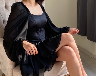 Black Chiffon Tulle Sleeve Corset Dress: Custom Party Prom Dress