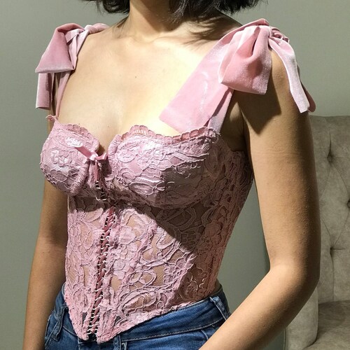 Dusty Rose Color Lace Corset Bustier / Pink Lace Evening Etsy