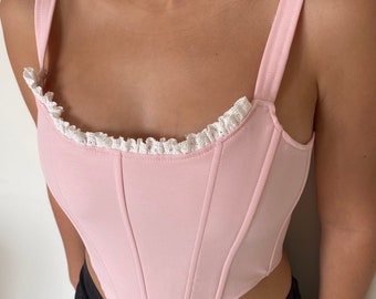 pink crepe fabric  corset bustier/pink strap lace detailed corset bustier/pink crop top  bustier/prom,party,christmas,halloween bustier