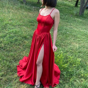 red satin long slit corset dress /red strappy corset dress /long satin red dress/red short corset dress /party, graduation dress/prom dress