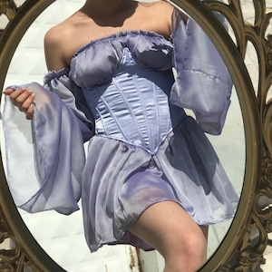 lilac color waist corset chiffon dress/tulle sleeve lilac color dress/satin waist corset dress/strapless lilac dress/birthday,prom dress