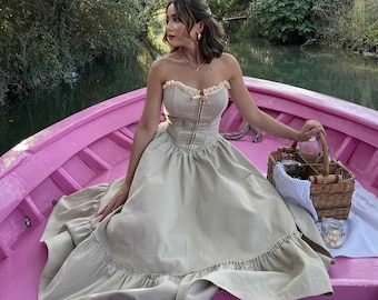 Vintage Style Camel Linen Corset Dress: Custom Made