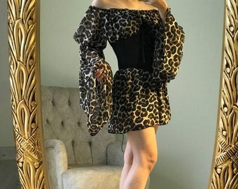 black waist corset leopard print dress /tulle sleeve leopard dress / leopard print chiffon dress / party birthday christmas dress
