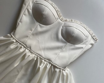 vintage style white crepe fabric lace detailed dress /white short corset dress /white balloon sleeve scalloped dress /prom,christmas dress