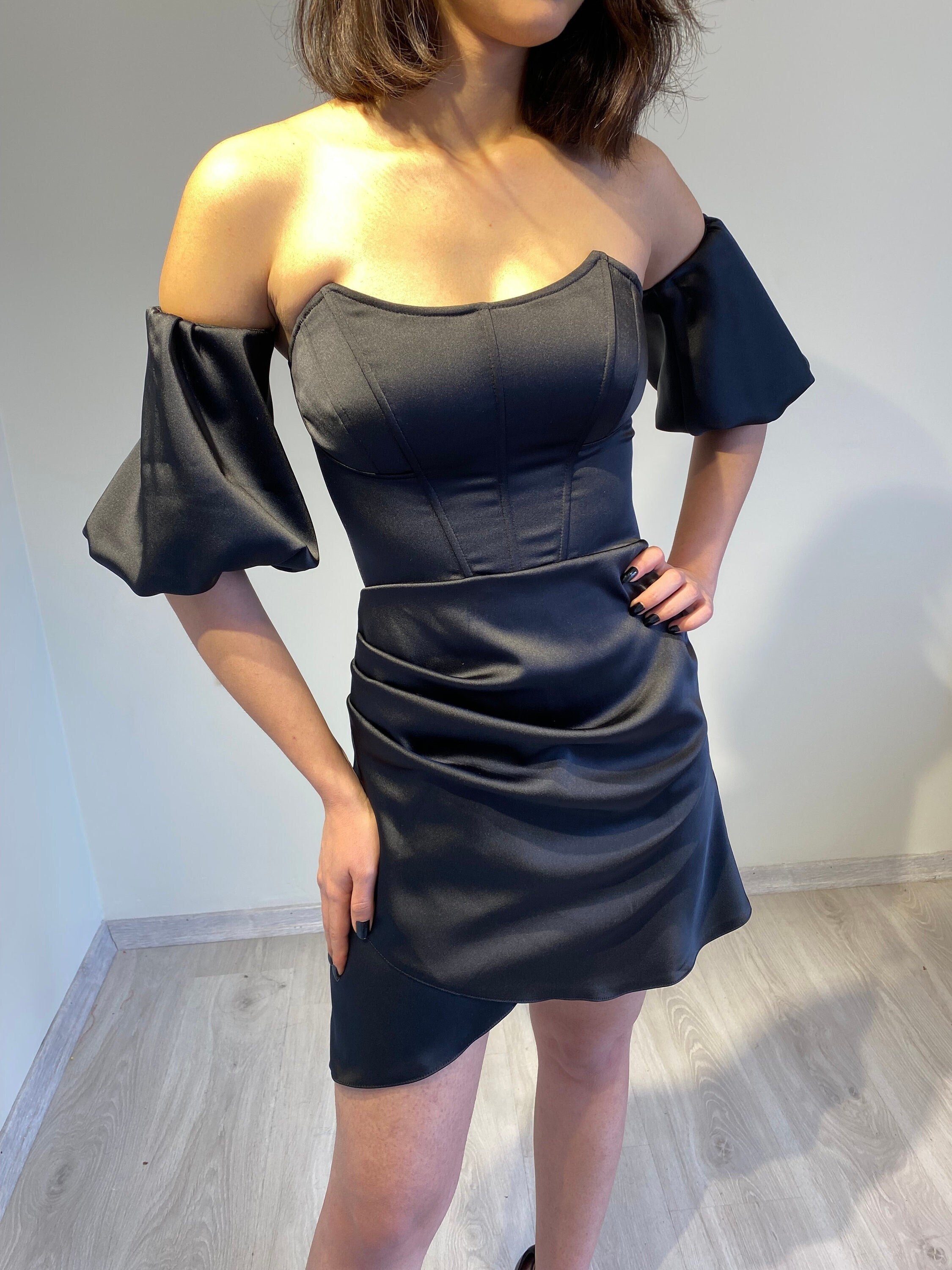 Black Satin Corset Dress Black Satin Short Sleeve Dress short Black Corset Dress Birthday Party Prom Dress Etsy Canada