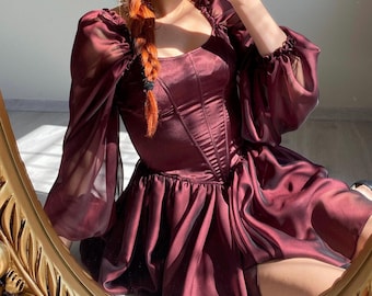 Burgundy Chiffon Tulle Sleeve Corset Dress: Custom Made
