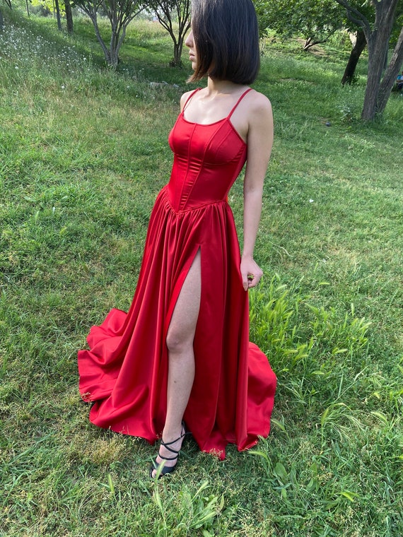 Red Satin Long Slit Corset Dress /red Strappy Corset Dress /long Satin Red  Dress/red Short Corset Dress /party, Graduation Dress/prom Dress -   Canada