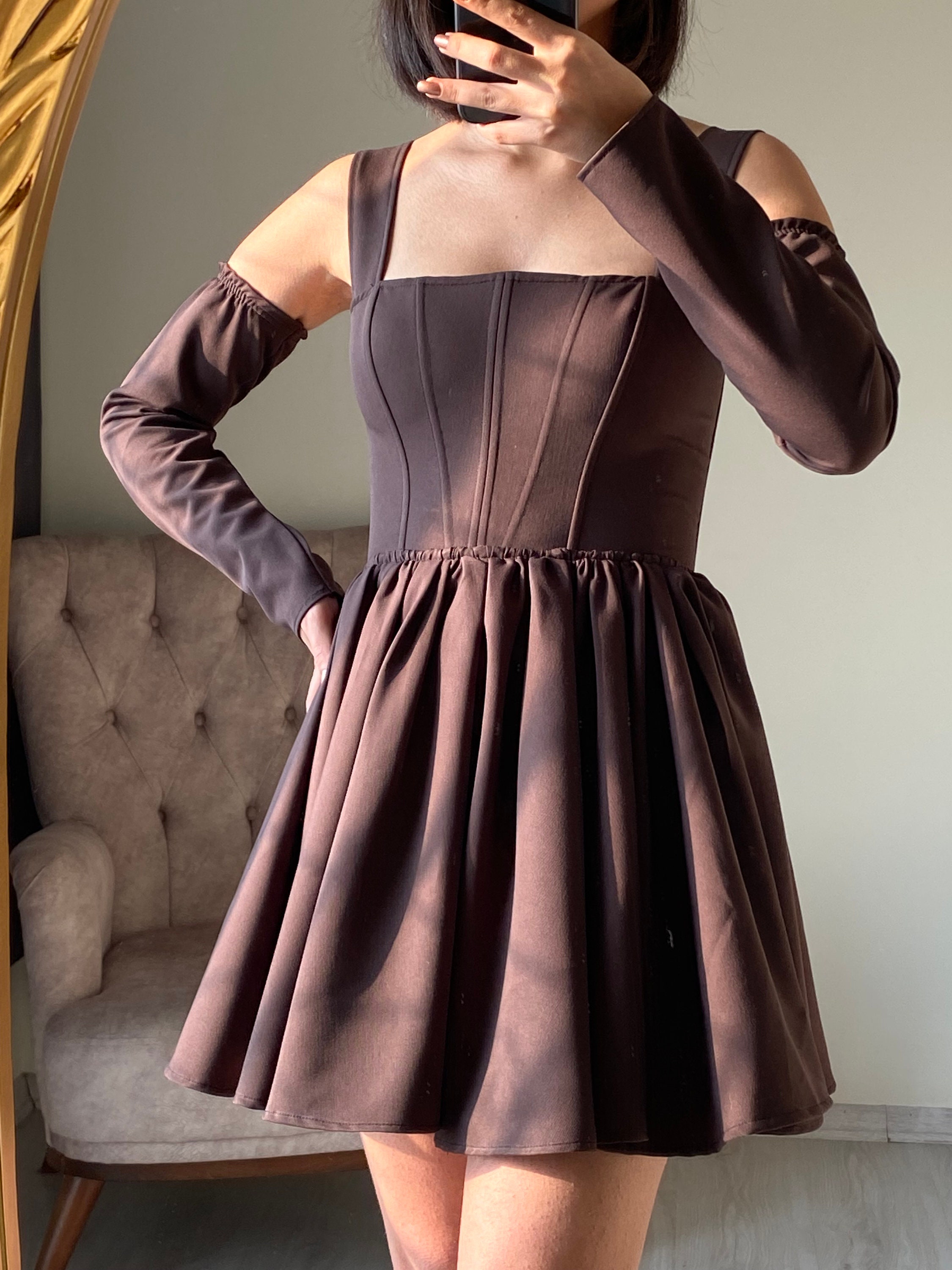 Dark Brown Strappy Corset Dress/tight Sleeve Corset Dress/crepe