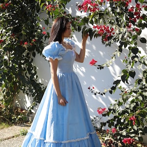 Vintage Style Baby Blaues Baumwoll Kleid: Märchen-Korsett, Ausgebogenes Cape