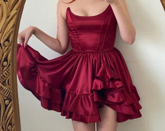 Burgundy Satin Corset Dress with Ruffle Skirt