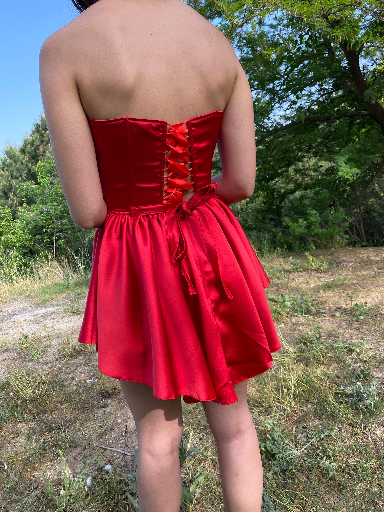 Red Satin Short Dress / V Cut Skirt Dress /red Short Strapless Etsy