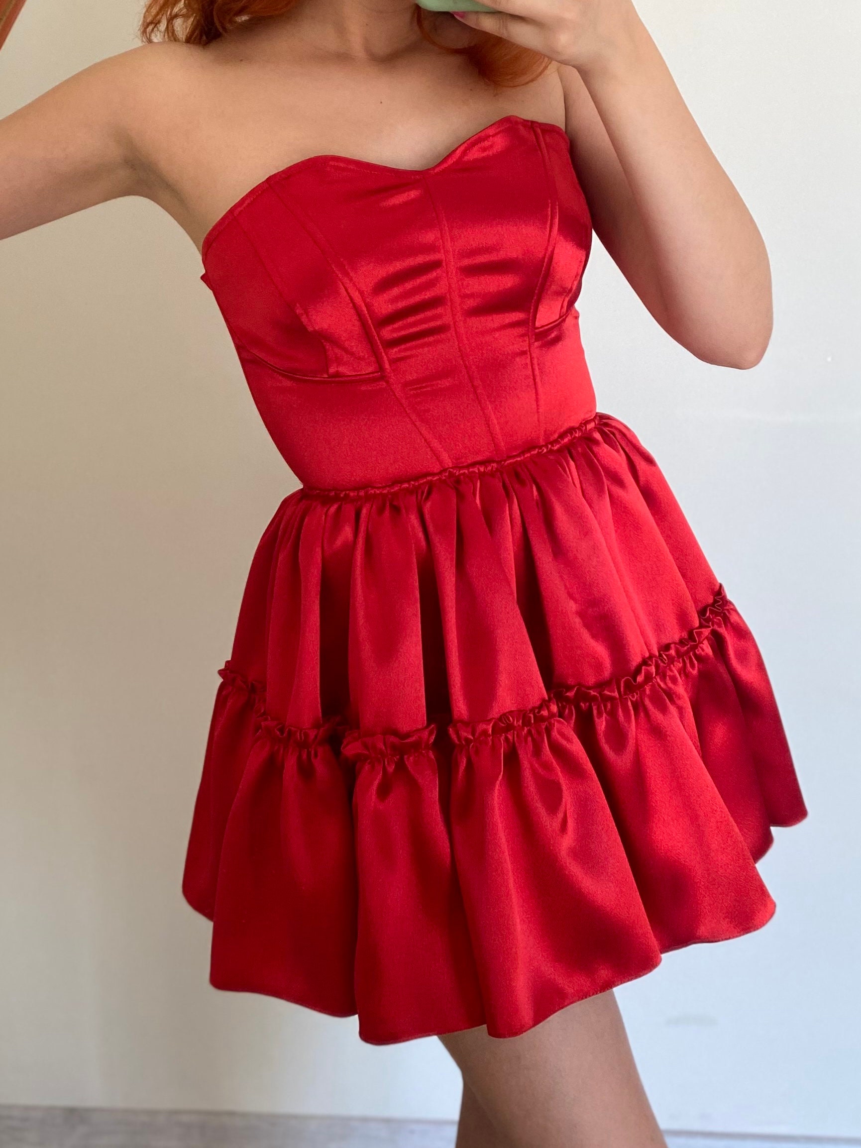 white christmas dresses Bandeau Ruffled Tiered Corset Mini Dress in Berry Red main image 1