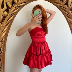 red satin ruffle bodice dress /red short skirt corset dress / ball gown / party dress /red  strapless corset dress/ prom christmas dress