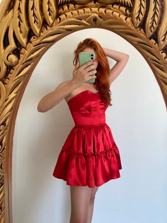 Red Satin Ruffle Bodice Dress /red Short Skirt Corset Dress / Ball