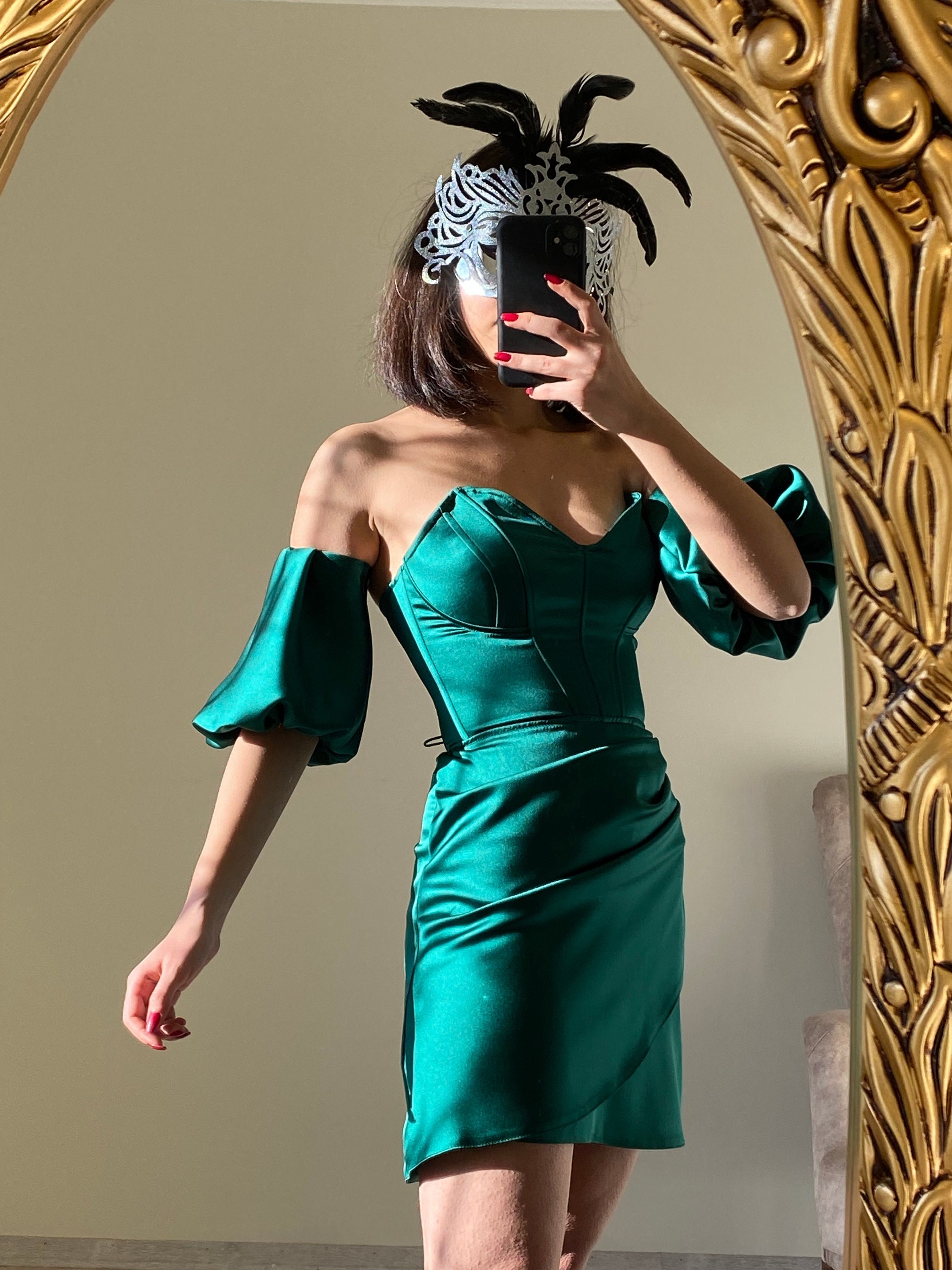 Emerald green satin dress short cheap