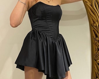 Black Satin Corset Mini Dress, Lace-Up Back, Party Outfit, Coquette Mini Dress, Birthday Outfit, Mini Dress, Gift for Women