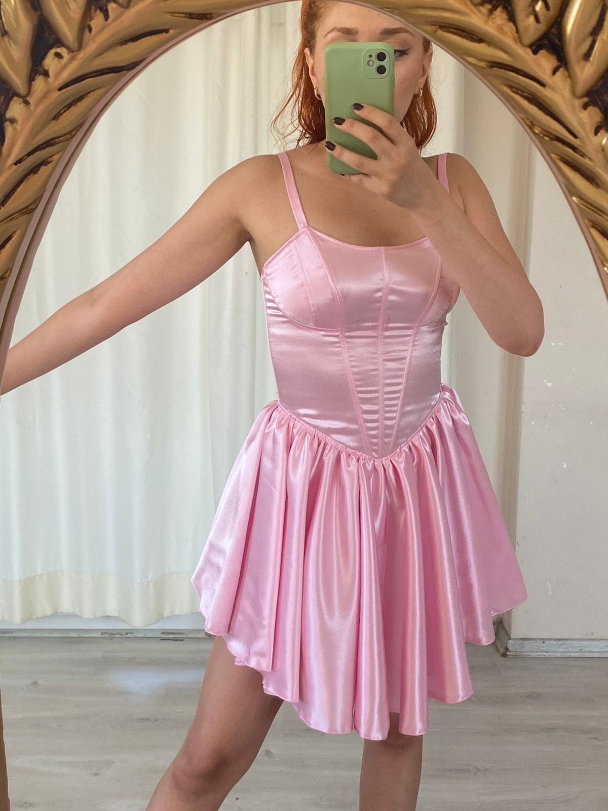 Pink Satin Short Dress / V Cut Skirt Dress /pink Short Dress Etsy