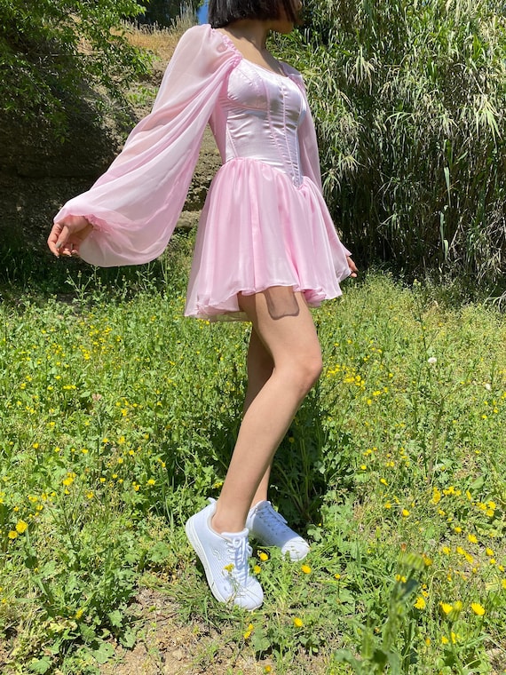 Pink Chiffon Tulle Sleeve Corset Dress: Party Prom Dress - Etsy Israel