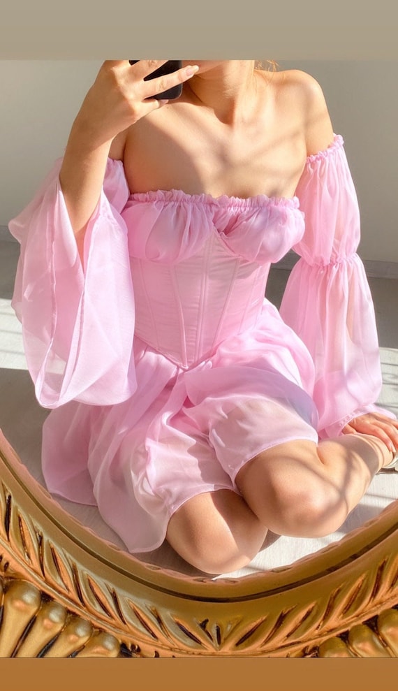 Pink Waist Corset Chiffon Dress tulle Sleeve Pink Dress satin