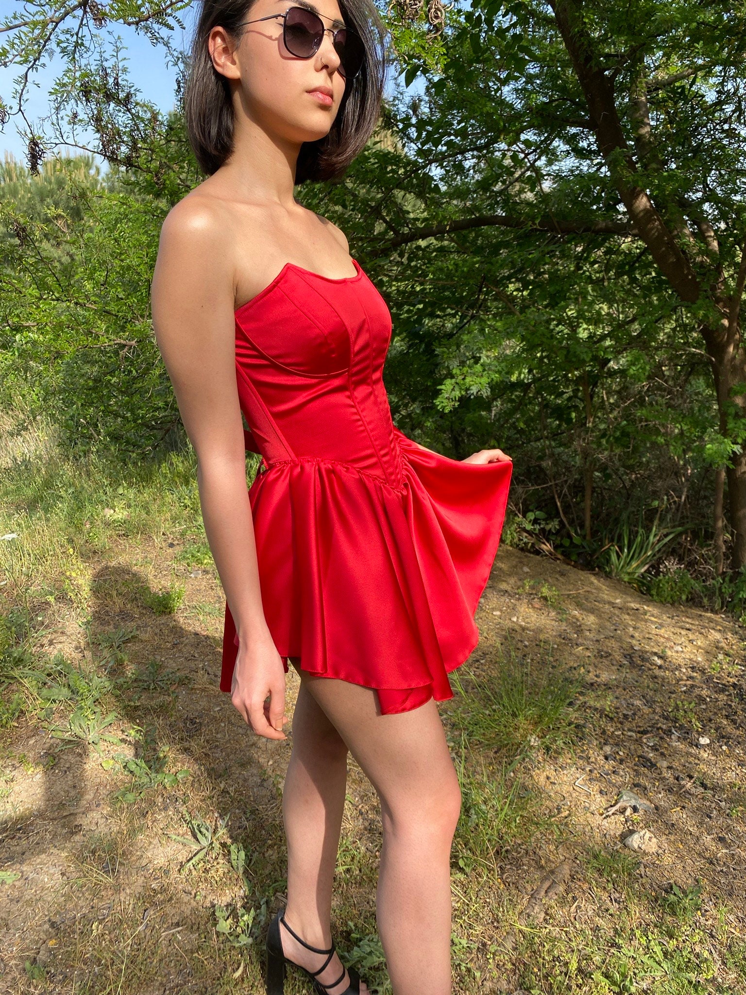 Red Satin Short Dress / V Cut Skirt Dress /red Short Strapless Etsy
