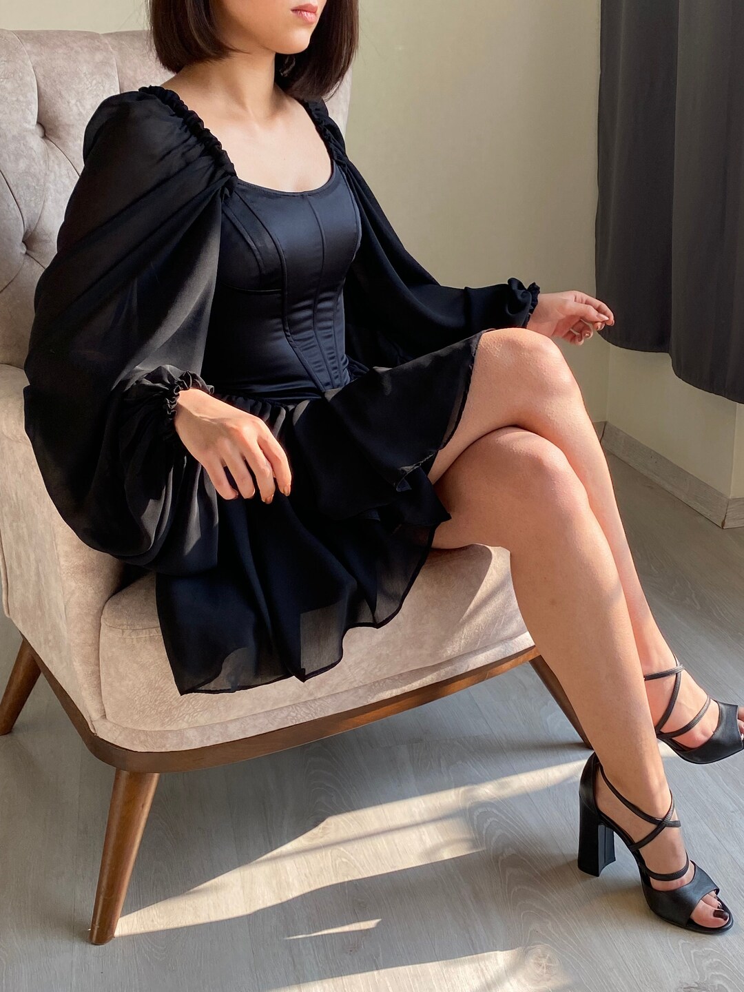 Black Chiffon Tulle Sleeve Dress/ Black Satin Corset Dress /black Sexy ...