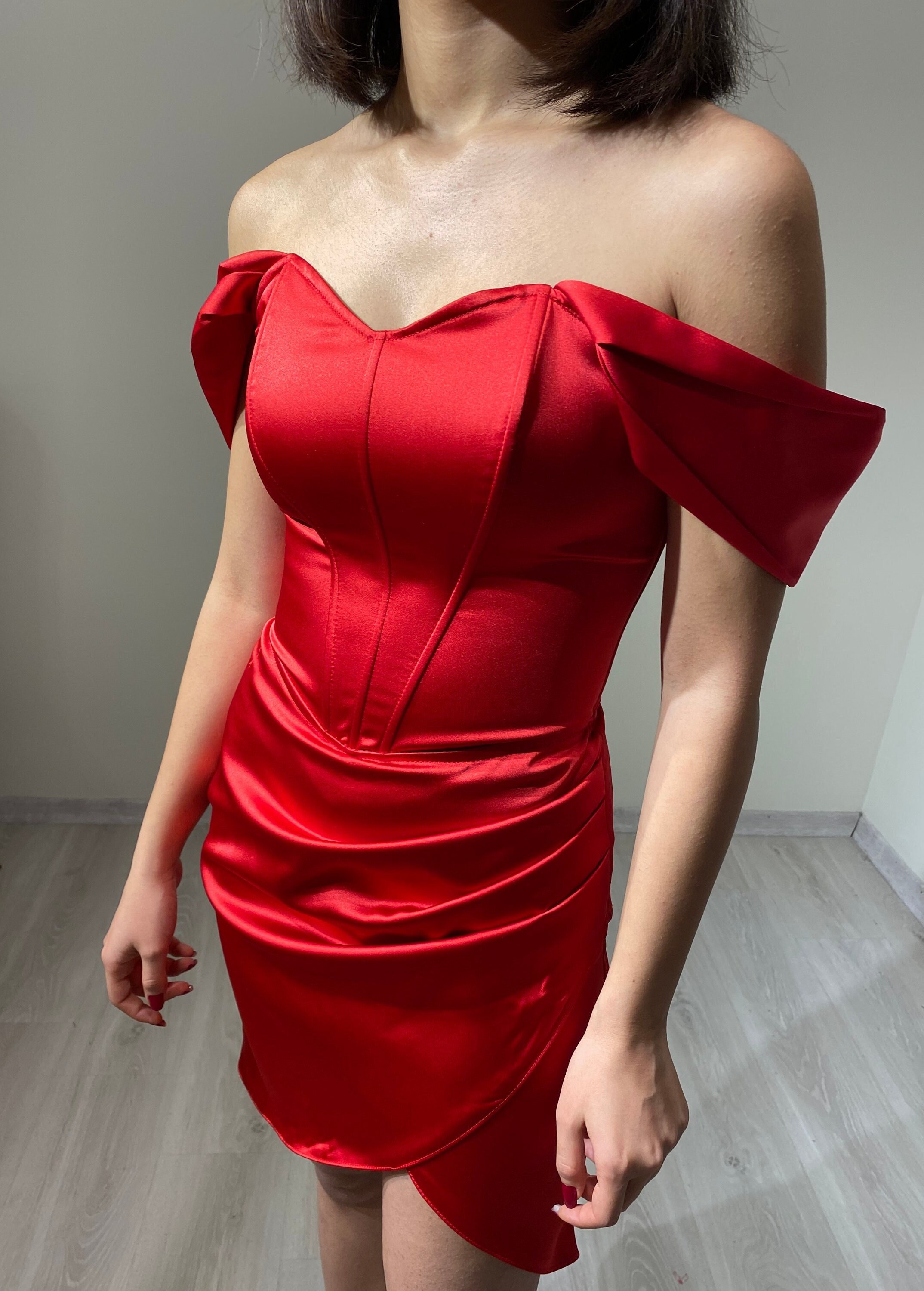 Red Satin Corset Dress / Red Satin Short Sleeve Dress /short Red Corset  Dress/ Birthday, Party, Prom Dress 