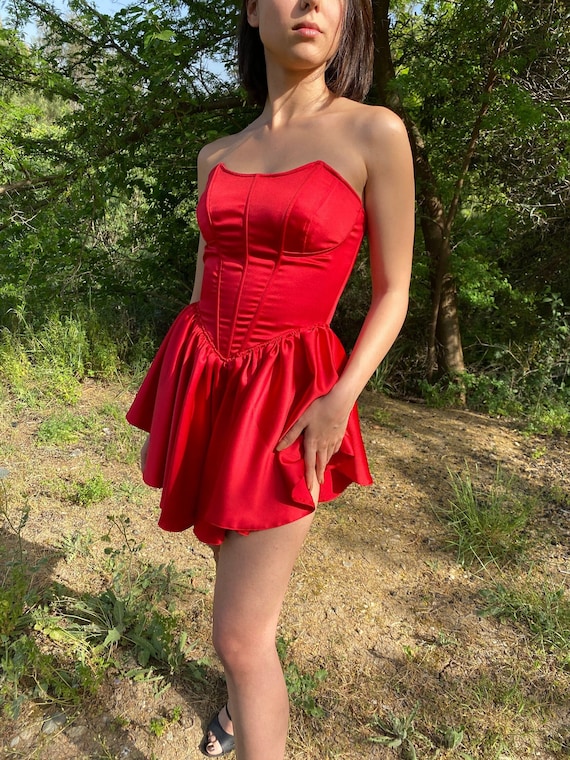 Red Satin Short Dress / V Cut Skirt Dress /red Short Strapless