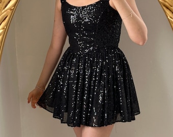 black sequined sparkly corset dress / black sequin strappy short dress/ purple corset dress/party, graduation,prom halloween dress