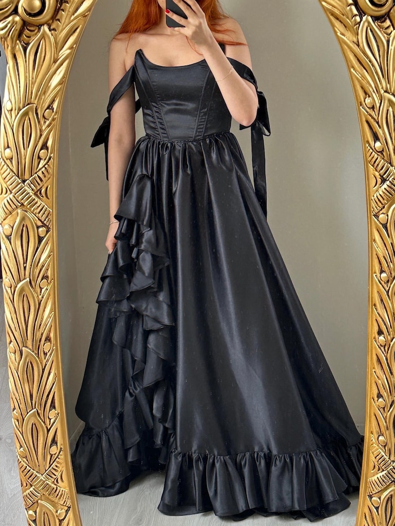 Black Satin Corset Dress with Ruffles, Custom Made image 5