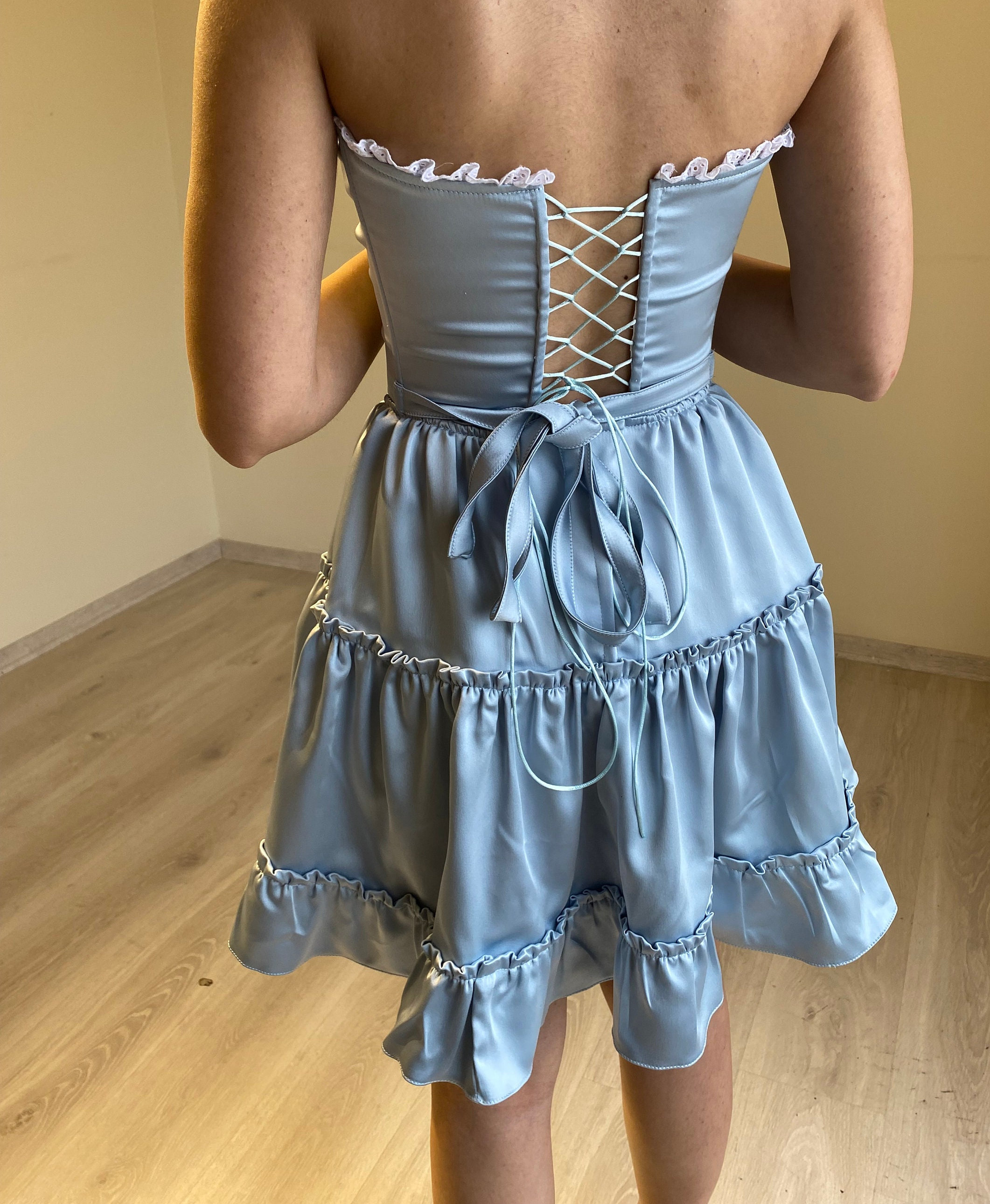 Vintage Style Baby Blue Satin Corset Dress: Strapless Lace Frill