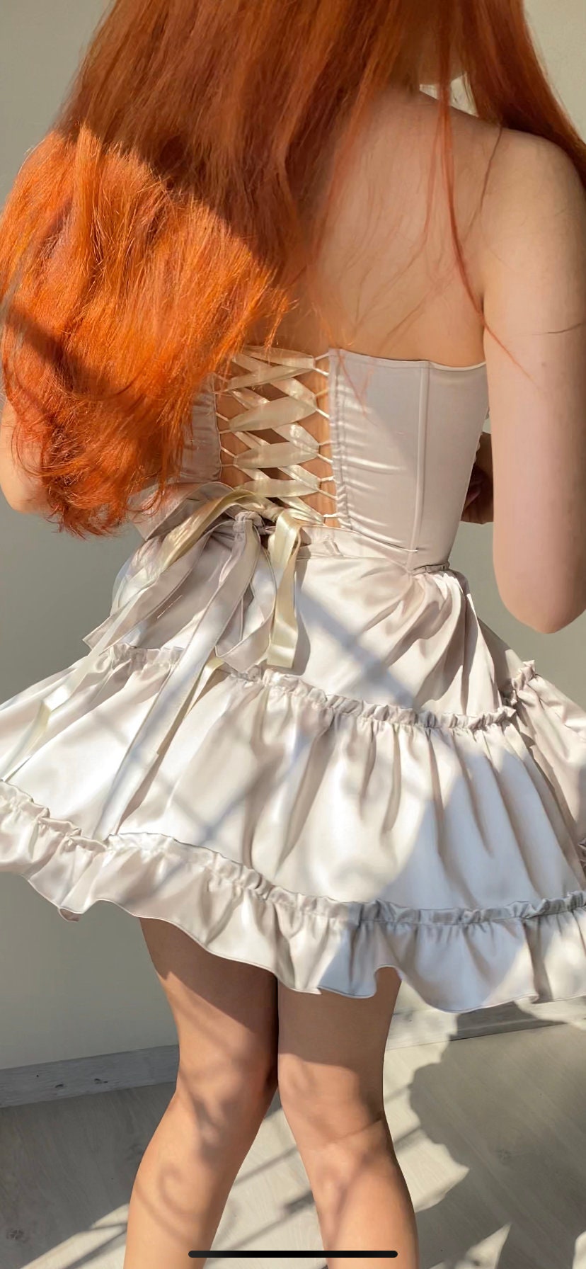 Beige Satin Ruffle Bodice Dress / Beige Short Skirt Corset Dress