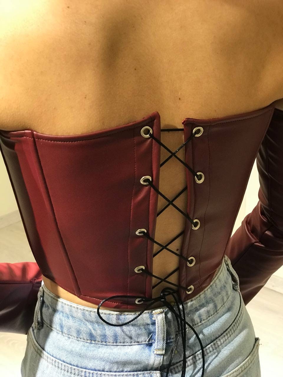Burgundy Faux Leather Corset Bustier /burgundy Sleeve Corset Bustier /burgundy  Leather Bell Sleeve Bustier Corset /party Prom Night Bustier 