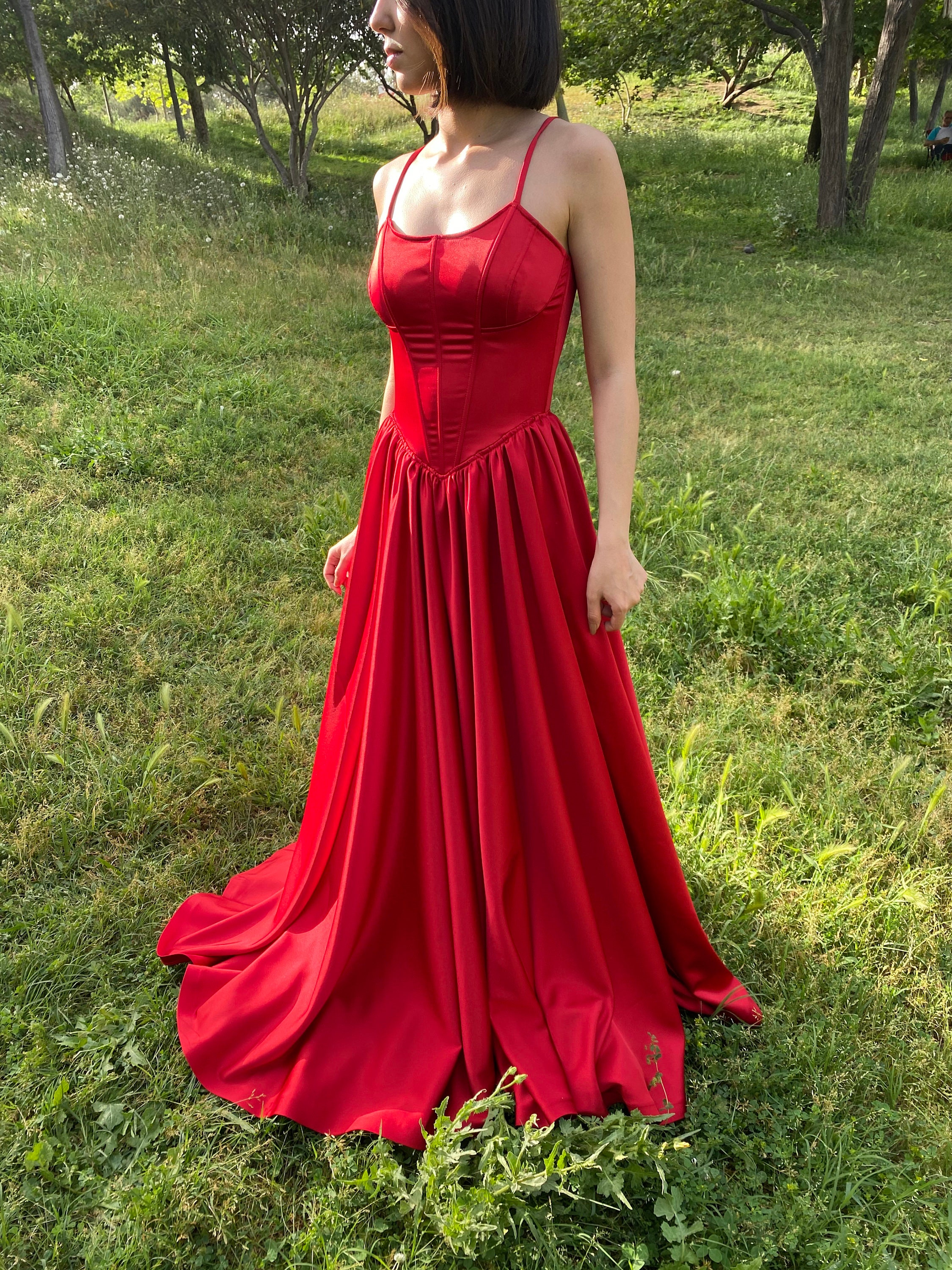 chinese dress ladies Jersey Strapless Corset Gown- Cabernet Red M