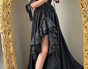 black corset dress with ruffles on the sides/black long princess dress/party, wedding, prom, graduation , halloween dress