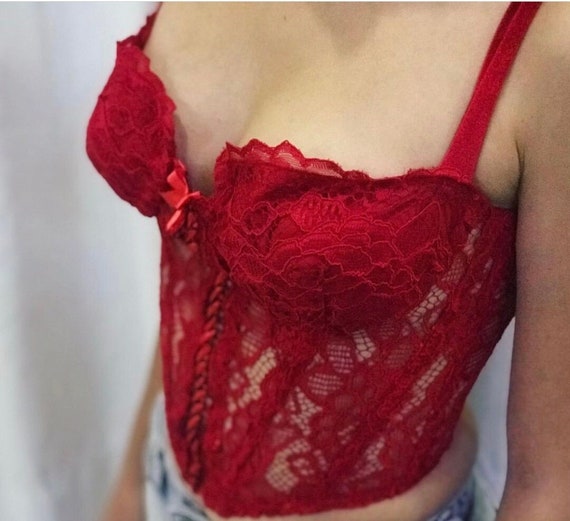 Red Lace Corset Bustier / Red Lace Evening Bustier / Red Ribbon