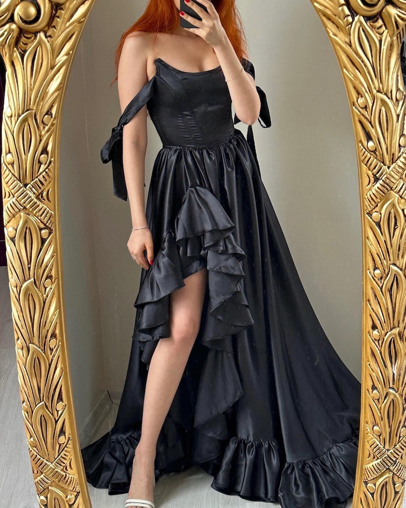 Black Satin Corset Dress with Ruffles, Custom Made image 2