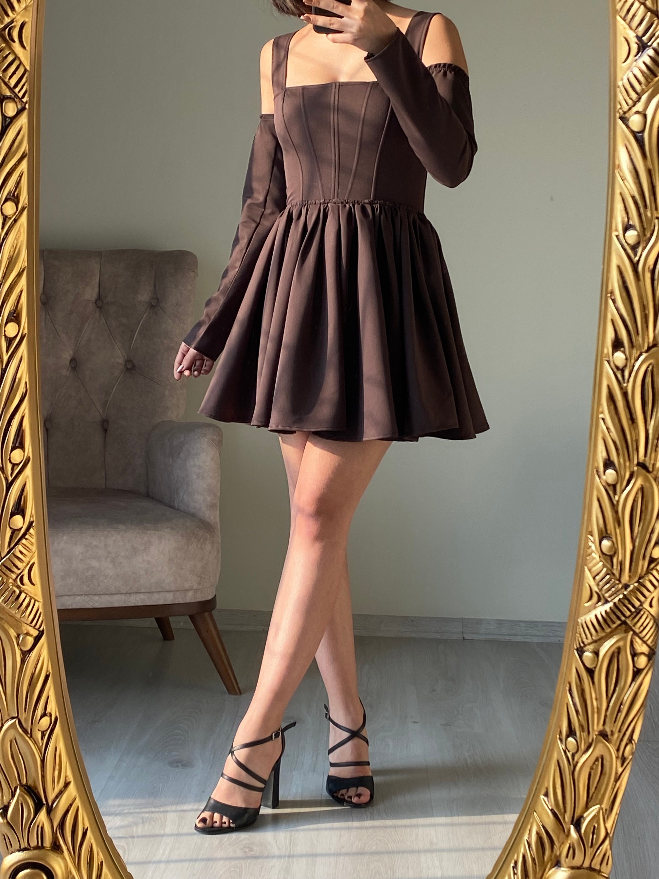 Dark Brown Strappy Corset Dress/tight Sleeve Corset Dress/crepe
