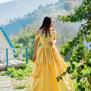 belle yellow colorful princess dress/yellow satin long ruffle corset dress/strappy sleeve dress/wedding, prom, graduation, hallowen dress