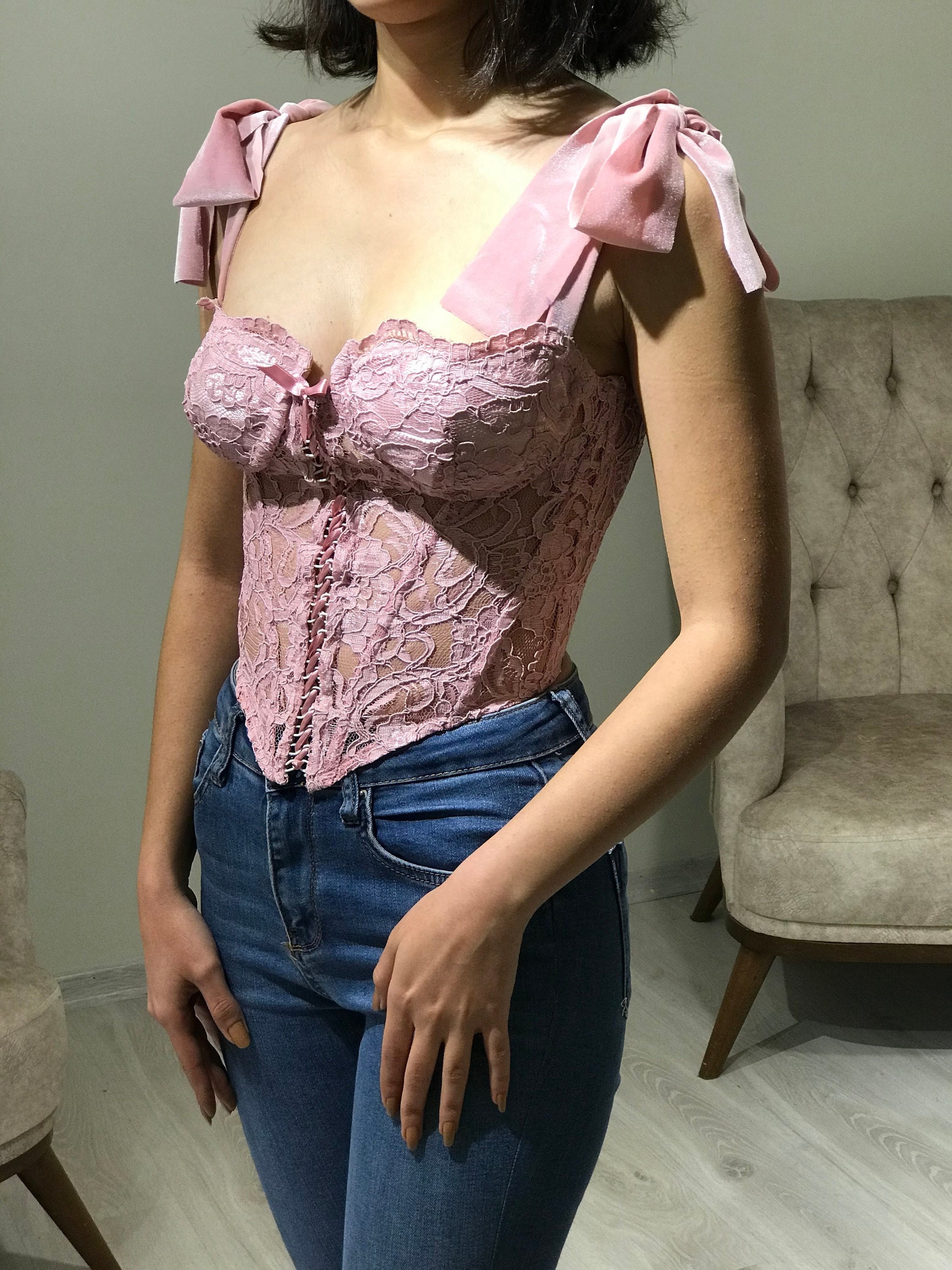 Cropped Strapless Lace Corset  Pink lace shirt, Lace bustier top, Lace  corset top