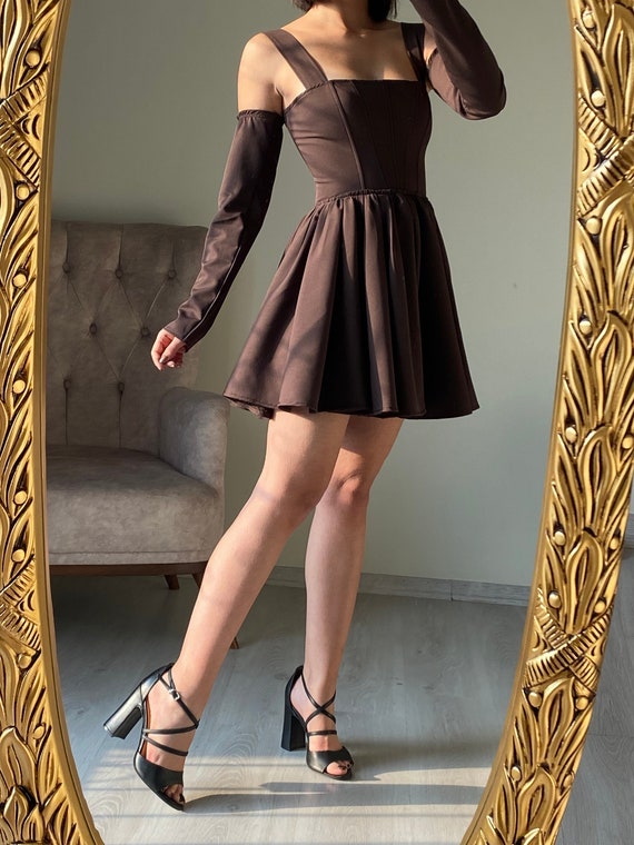 Dark Brown Strappy Corset Dress/tight Sleeve Corset Dress/crepe