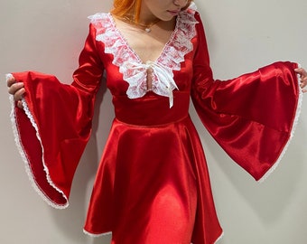 vintage style red satin dress/short red dress with white lace detail/long sleeve bust lace dress/prom party halloween christmas dress