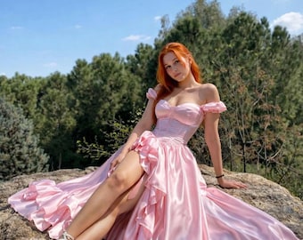 Pink Satin Corset Dress: Ruffle Princess Gown, Custom Made