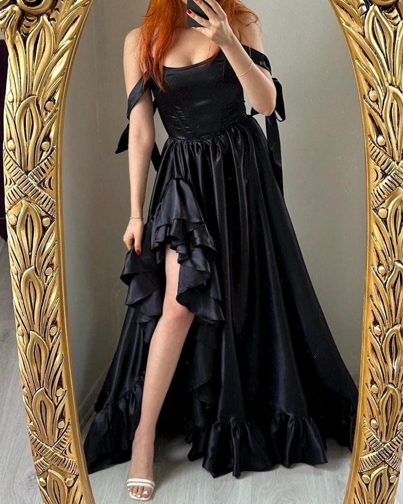 Black Satin Corset Dress with Ruffles, Custom Made image 4