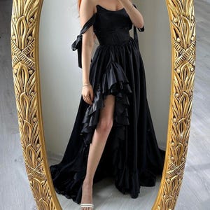 Black Satin Corset Dress with Ruffles, Custom Made image 3
