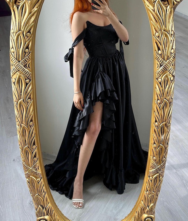 Black Satin Corset Dress with Ruffles, Custom Made image 3