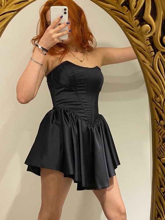 Black Satin Short Dress / V Cut Skirt Dress /black Short Strapless Dress /black  Short Corset Dress /prom,birthday,christmas,halloween Dress - Etsy