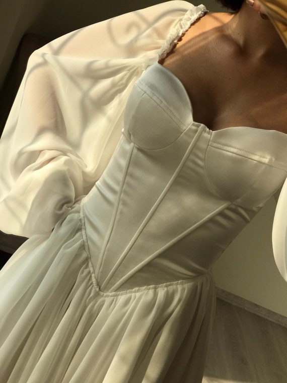 Off White Corset Dress: Tulle Sleeve Party Prom Outfit
