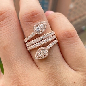 14K Rose Gold Diamond Halo Stacking Ring Set, Pear Marquise Pavé Bands