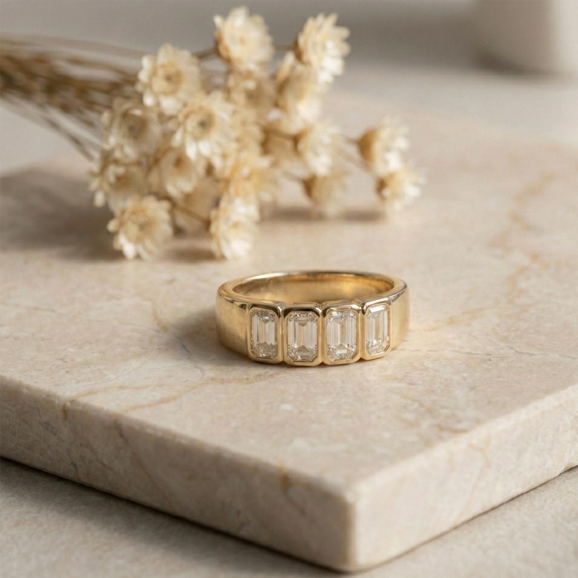 Emerald Cut Lab Grown Diamond Gold Wedding Band, Bezel Set - Etsy